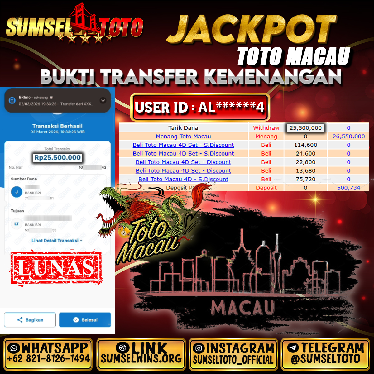 SUMSELTOTO JACKPOT TOTO MACAU Rp.25,500,000.,- LUNAS